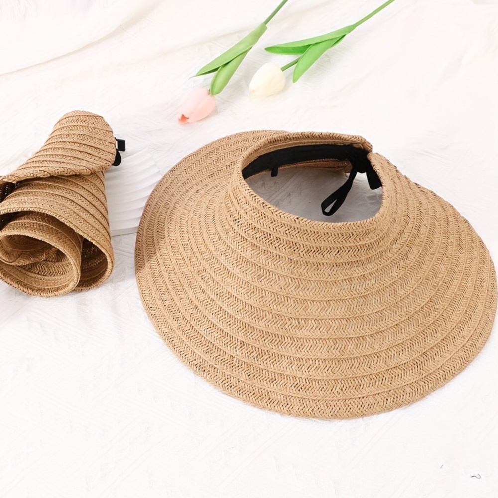 Women’s Roll Up Ponytail Wide Brim Straw Hat